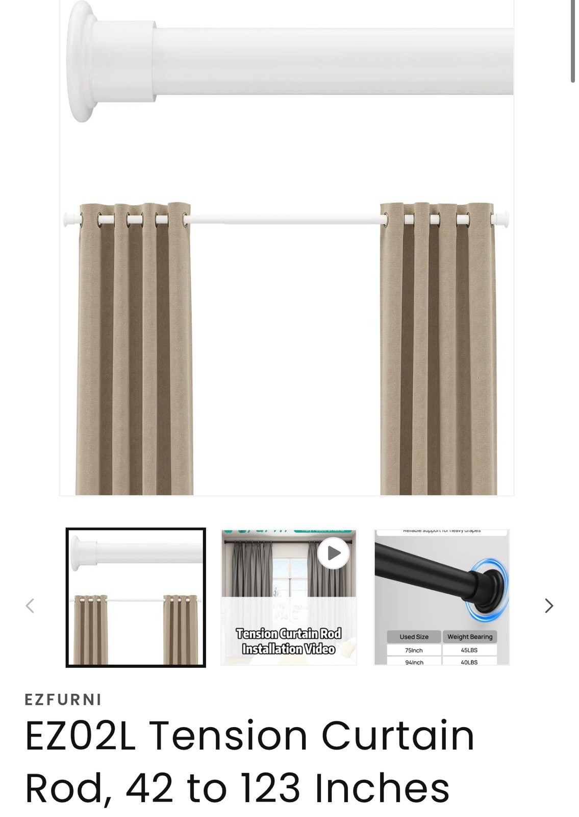 Ezfurni Heavy Duty White Tension Curtain Rod. 42 To 123inches.