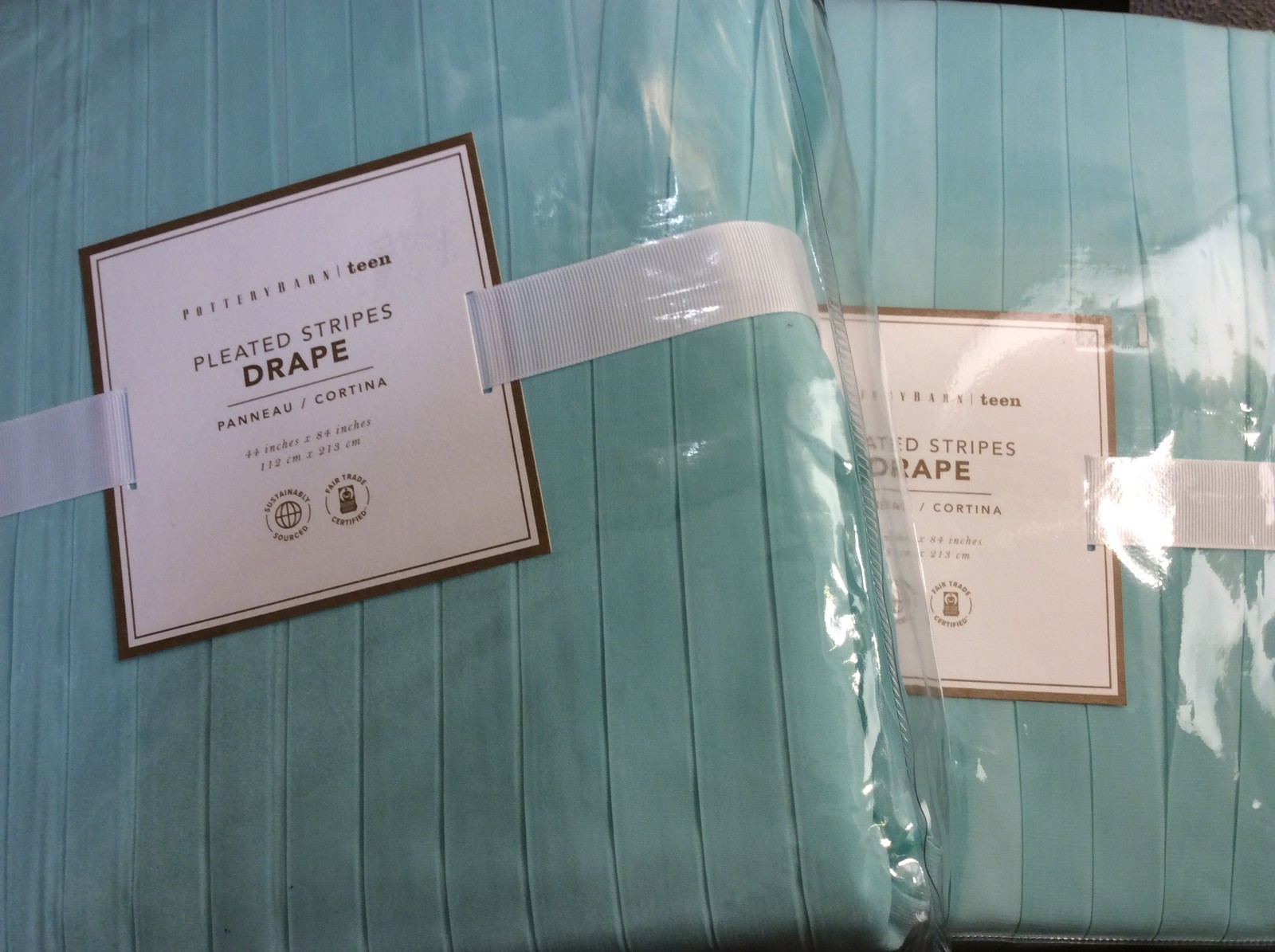 Pottery Barn Teen Two (2) Pleated Stripes Drapes 44X96 NWT! Aqua Blue