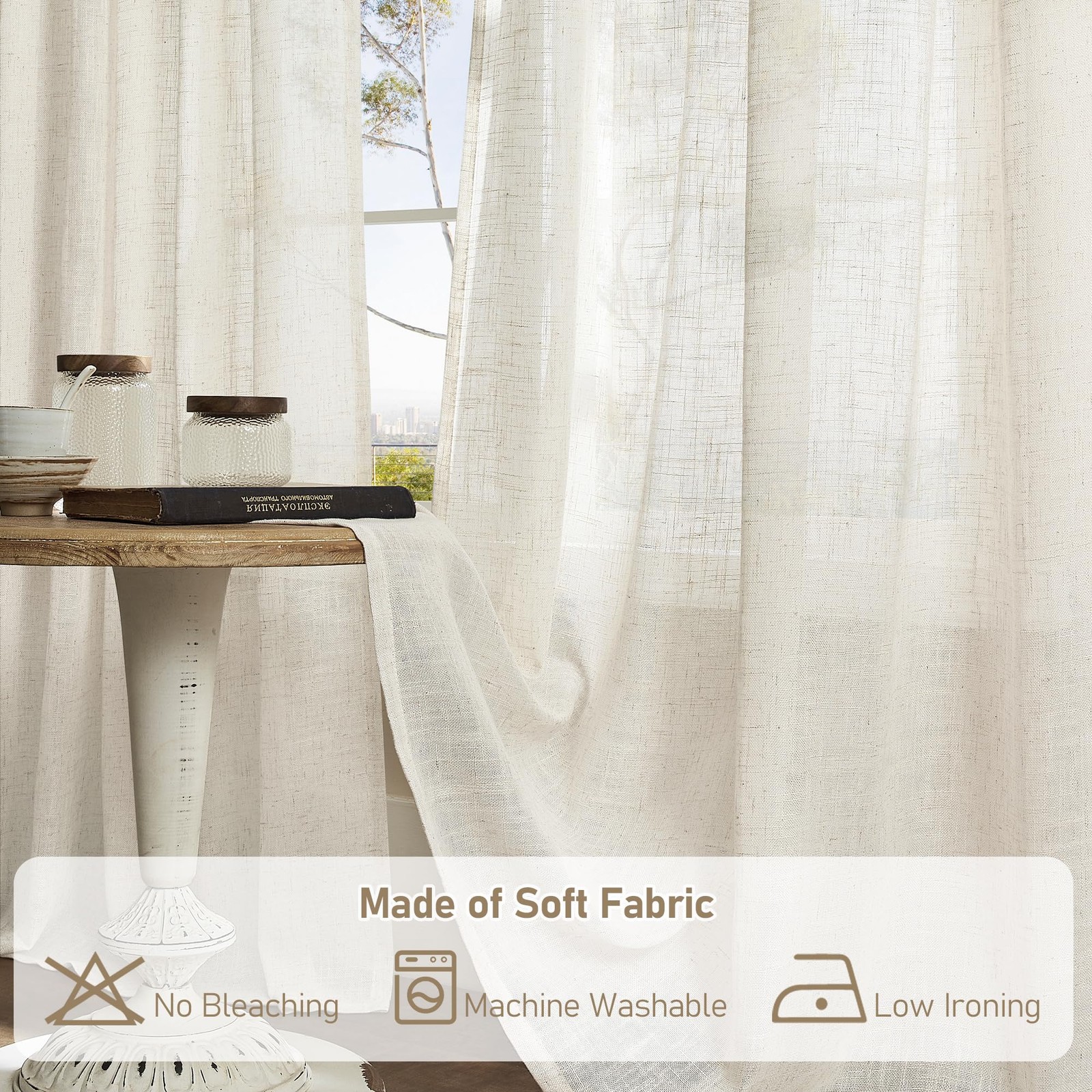 Natural Ivory Semi Sheer Linen Curtains 84 Inch Long, Cream White Light