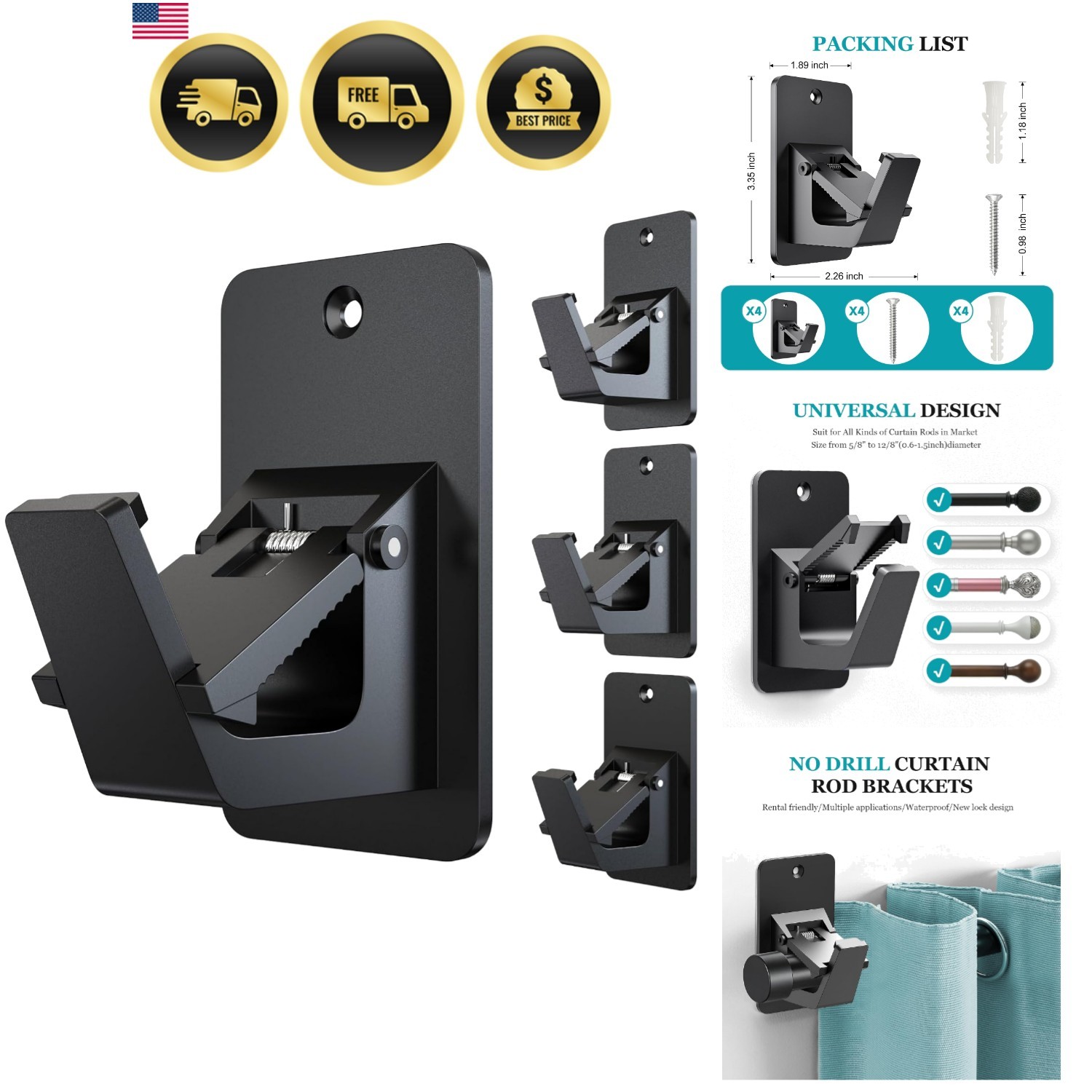 Adhesive No Drill Curtain Rod Brackets – Heavy Duty 30LB Holders for Bathroom…