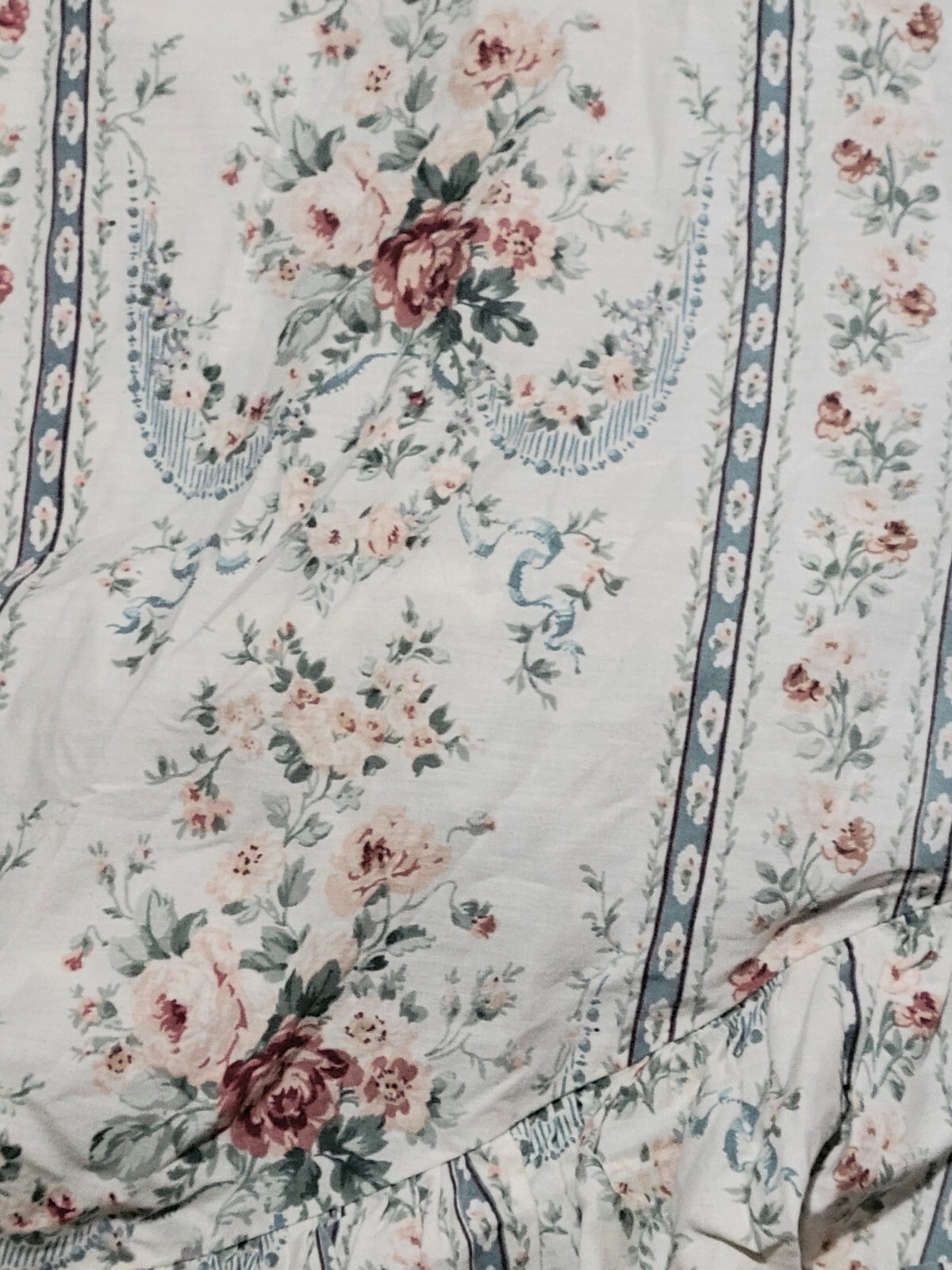 Floral Striped Ruffled Swooped Valance Solid Blue Hem 44x96in Grannycore