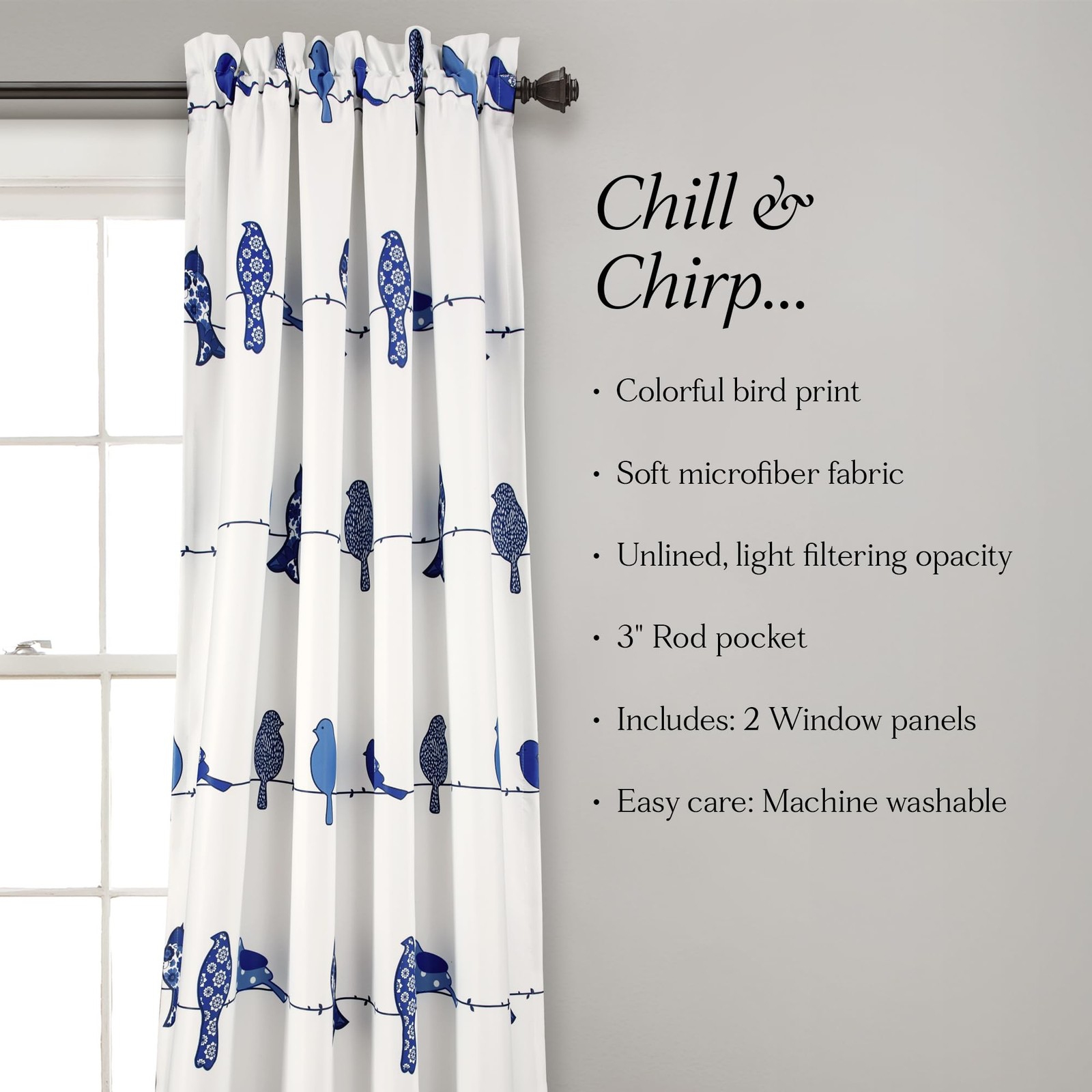 Rowley Birds Light Filtering Window Curtain Panels, Pair, 52″ W x 84″ L, Navy…