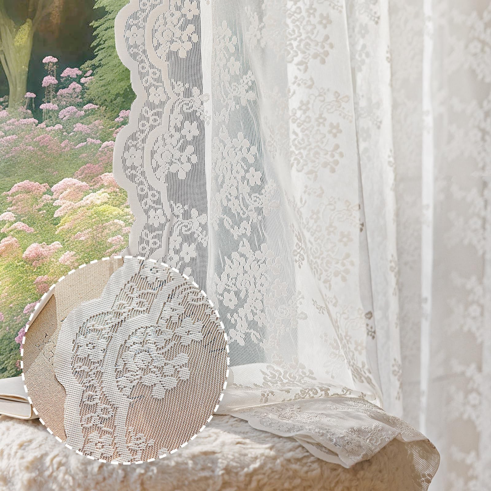 Vintage White Lace Curtains 84 Inches Long 2 Panels Set, Romantic Elegant Lig…