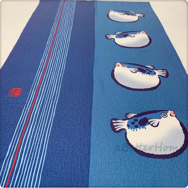 Indigo Blue Japanese Noren Fugu Puffer Fish Door Curtain Split Panel Divider Dec
