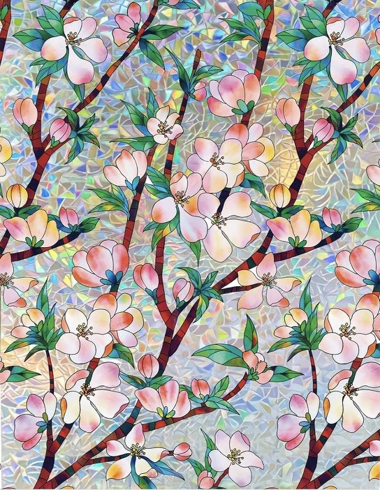 Window Privacy Film Rainbow Floral Pink Flowers Stained Glass Cling 23.6 x 78.7