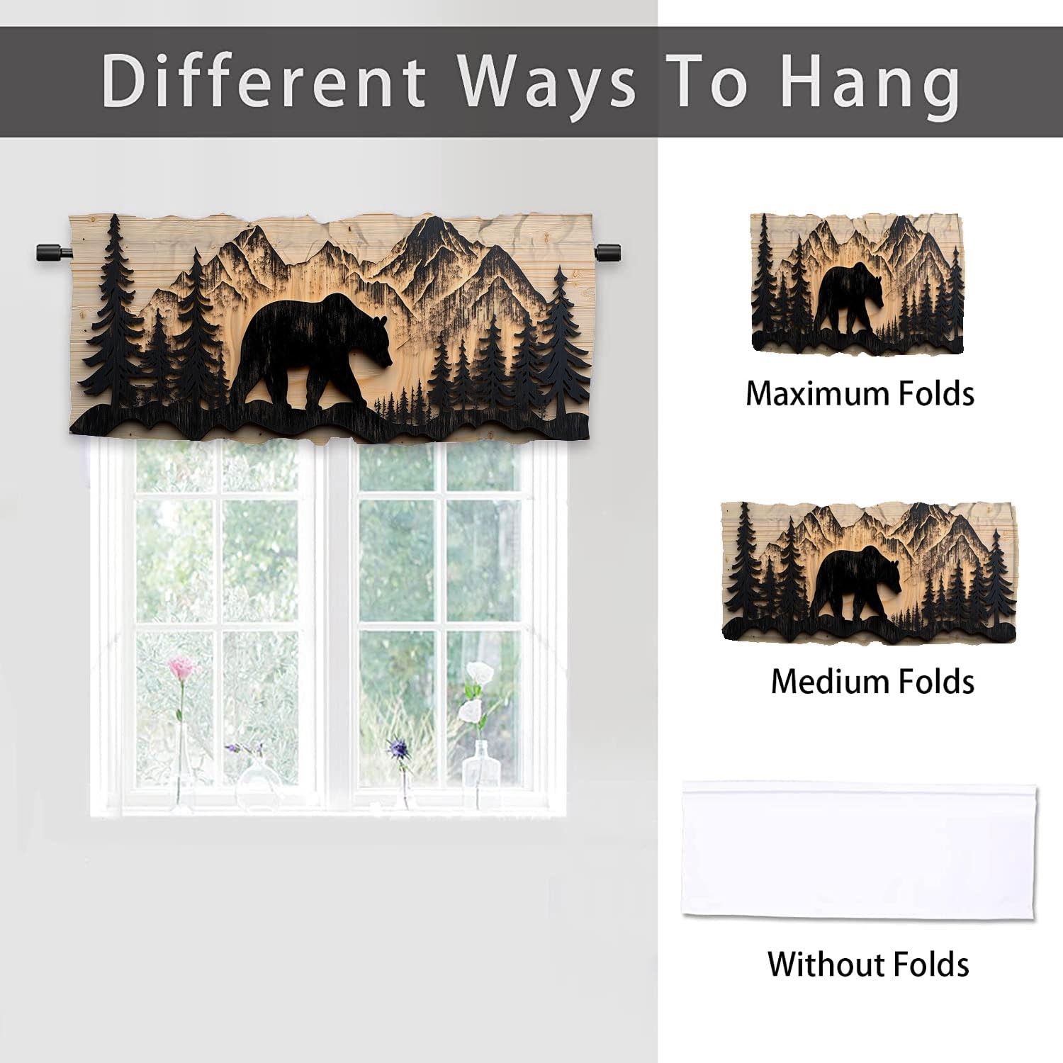Rustic Lodge Cabin Bear Farmhouse Valance Curtain For Kitchen Windows 2PK 54×18″