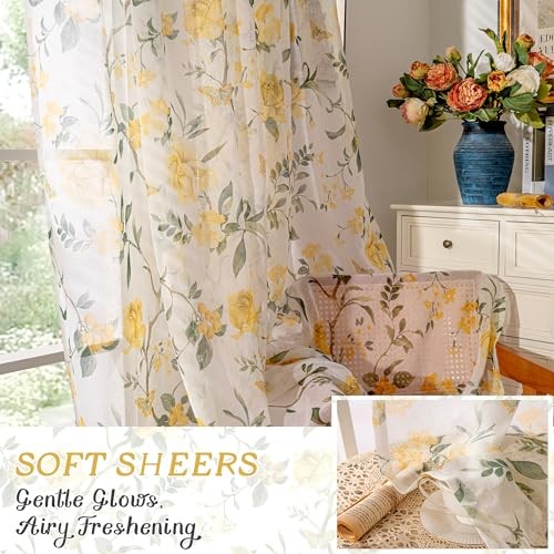 Floral Sheer Curtains for Windows, Short Semi 30″W x 36″L (Pack of 2) Yellow