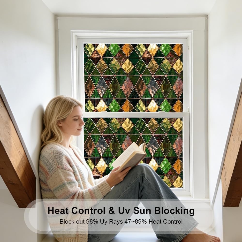 Non-Adhesive Stained Glass Window Film – UV Blocking & Easy Install, 16.9 x 39.4