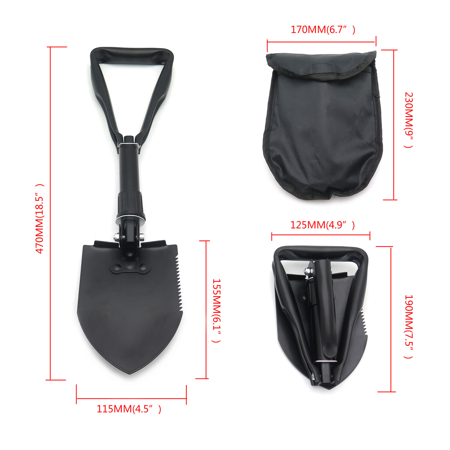 Black Military Style Tri-Fold Shovel Survival Camping Scouting Entrenching Spade