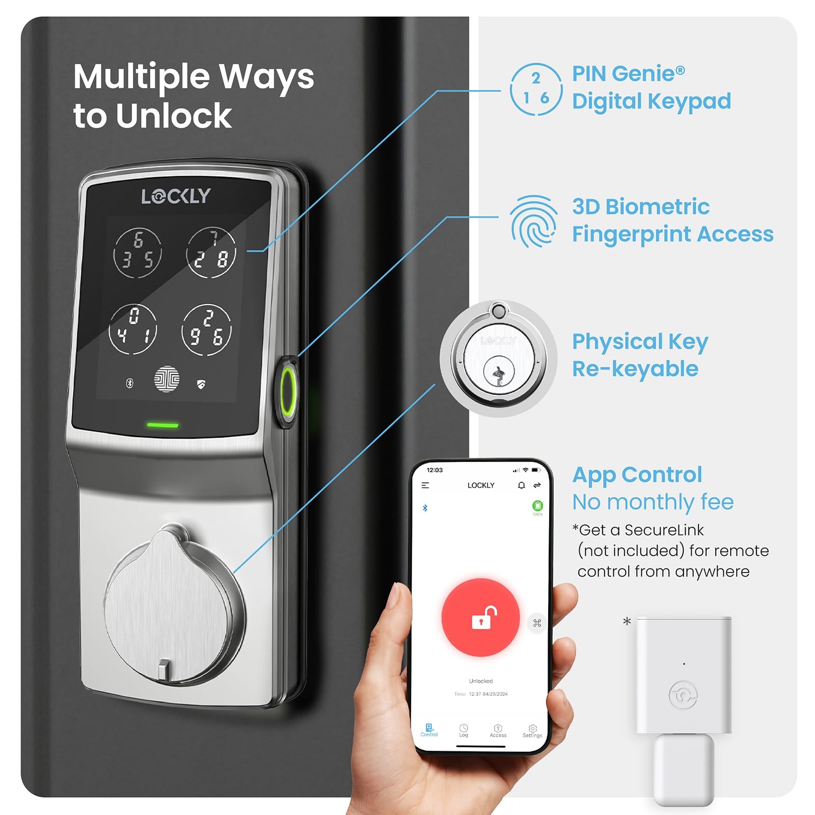 Lockly Secure Plus Bluetooth Smart Door Keyless Entry Pin Genie Digital Keypad