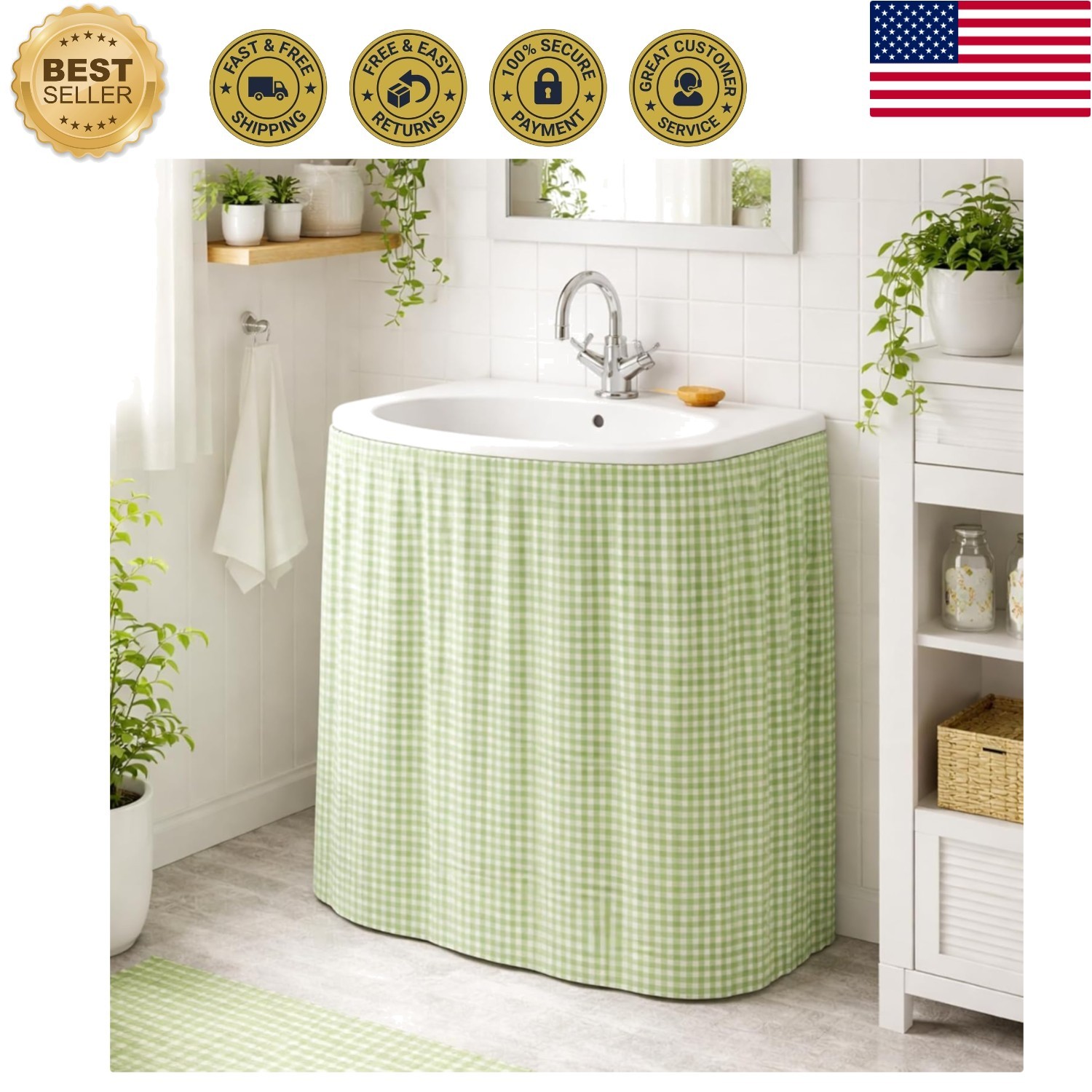 Water-Repellent Gingham Sink Curtain Cover – 23.6 x 27.6 Inch – Farmhouse Style