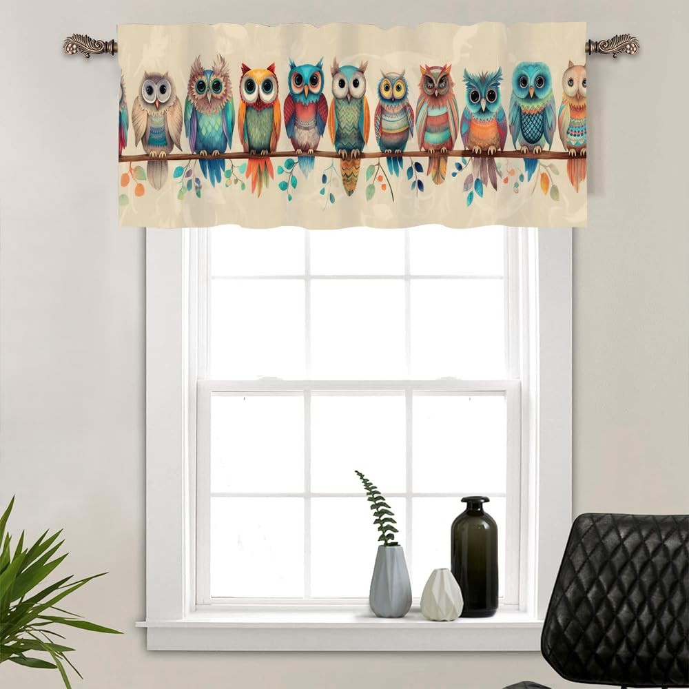 1 Panel Colorful Owl Curtain Valance for Windows, Abstract Bird Tree Leaf Rod…