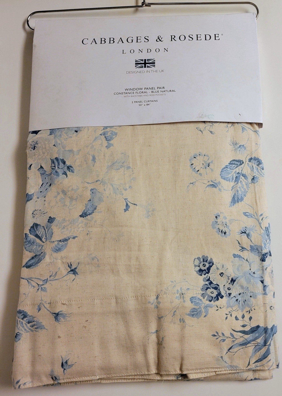 CABBAGES & ROSES Curtain Panel Drapes 50 x 84 Constance Blue Floral Natural 2 PC