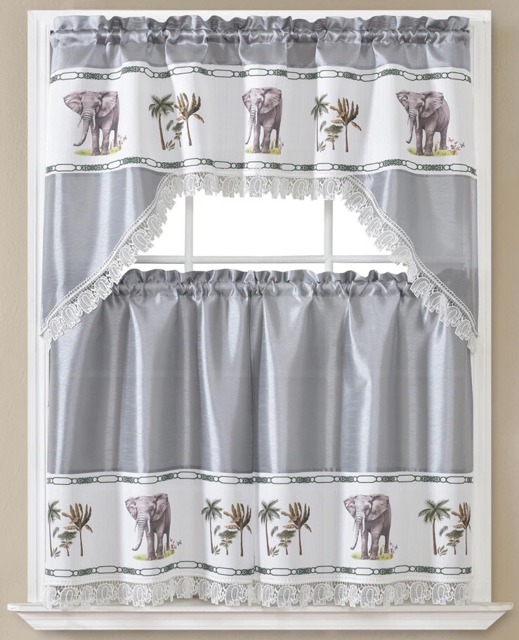 3 pc. Kitchen Curtains Set: 2 Tiers & Swag, ELEPHANTS & PALM TREES (60’ x36’