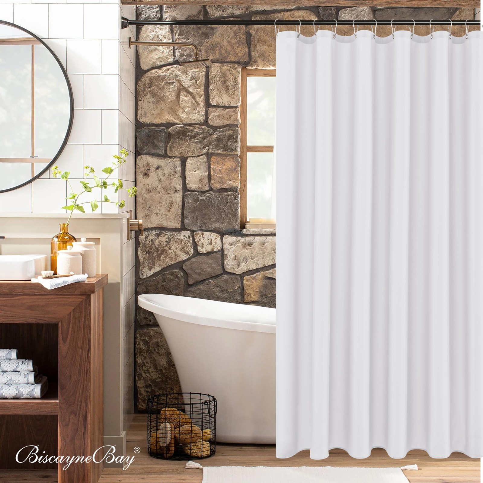Biscaynebay Fabric Shower Stall Curtain 54″W x 72″L (Pack of 1), White