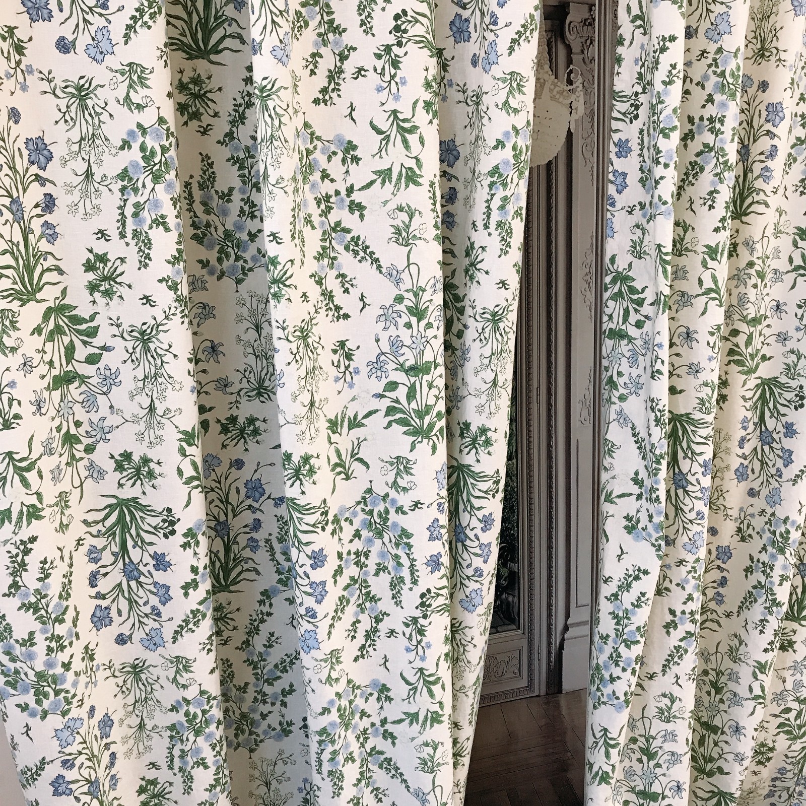 Handmade Linen Blend Floral Curtains Custom Blue Green Window Drapery Panels
