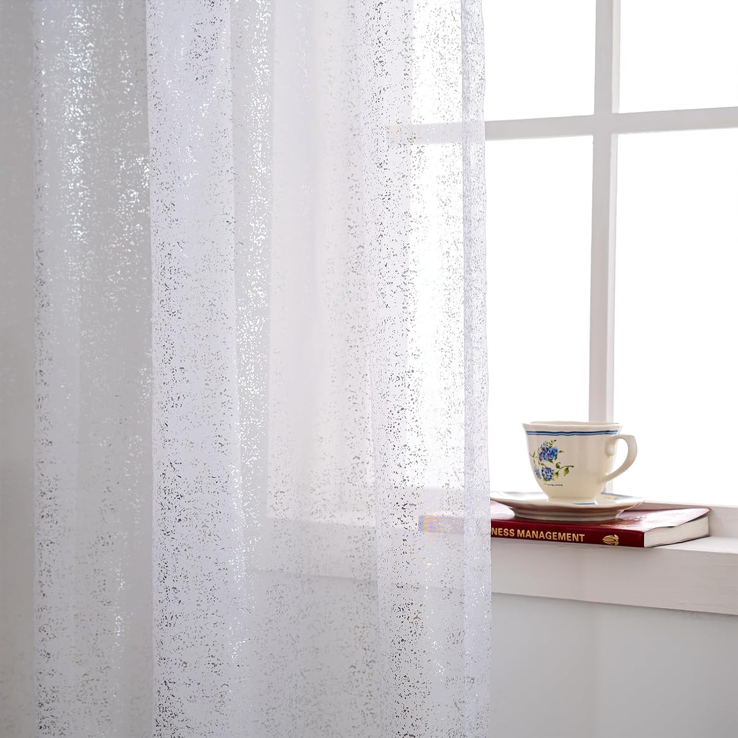Foil White Sheer Curtains for Living Room 84 Inches Long 2 Panels Set, Modern Si