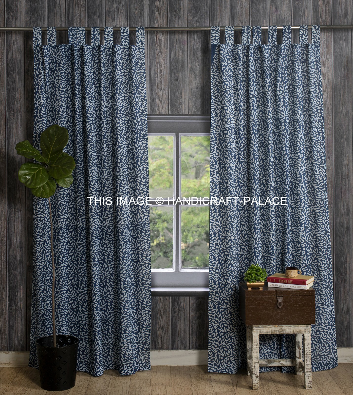 Hand Block Printed Curtain Cotton Panel Loops Natural Dye Indigo Blue 86″ Drapes