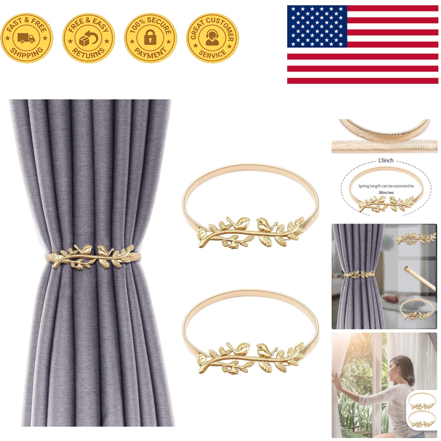 Elegant Gold Bird Curtain Tiebacks – Adjustable Aluminum Alloy Holdbacks for …