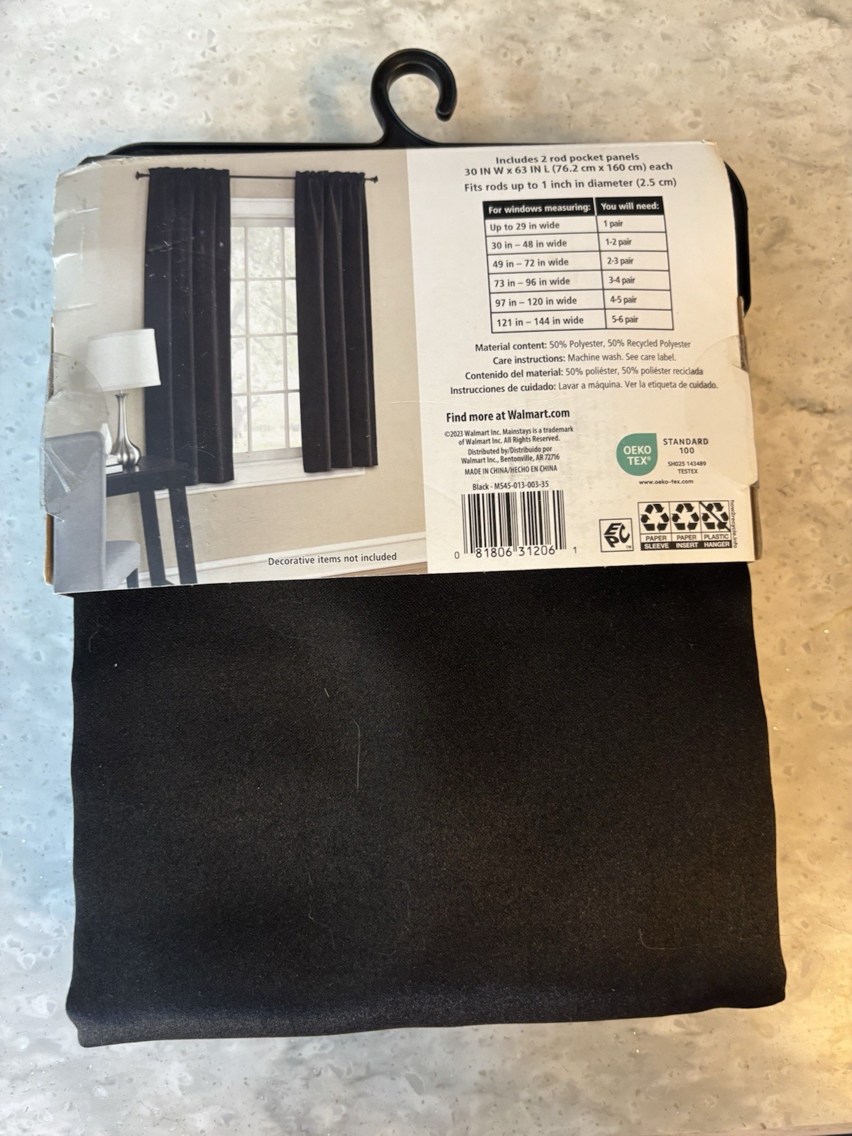 Mainstays Black Blackout Curtain Panels 63” Rod Pocket Pair Energy Efficient