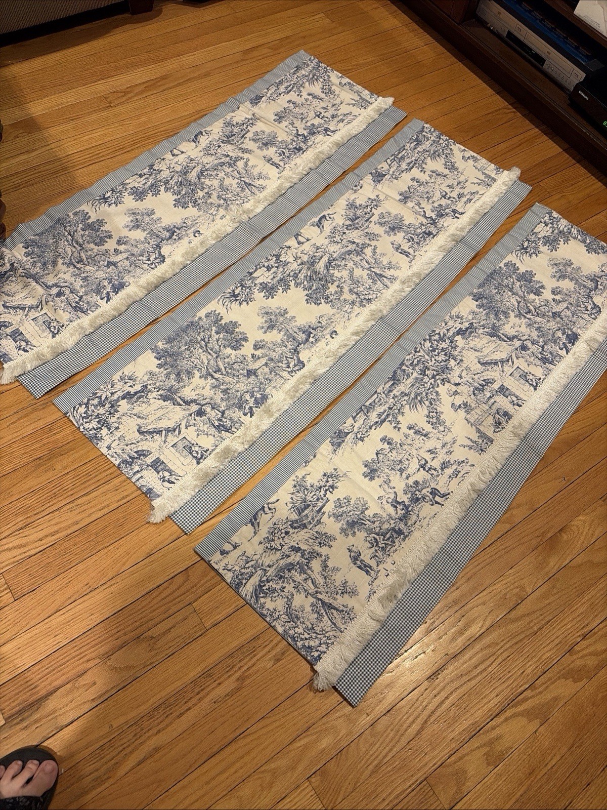 Set 3 Gingham Toile Valances Country Blue/Cream w/ Fringe-Each is 52″ x 16″