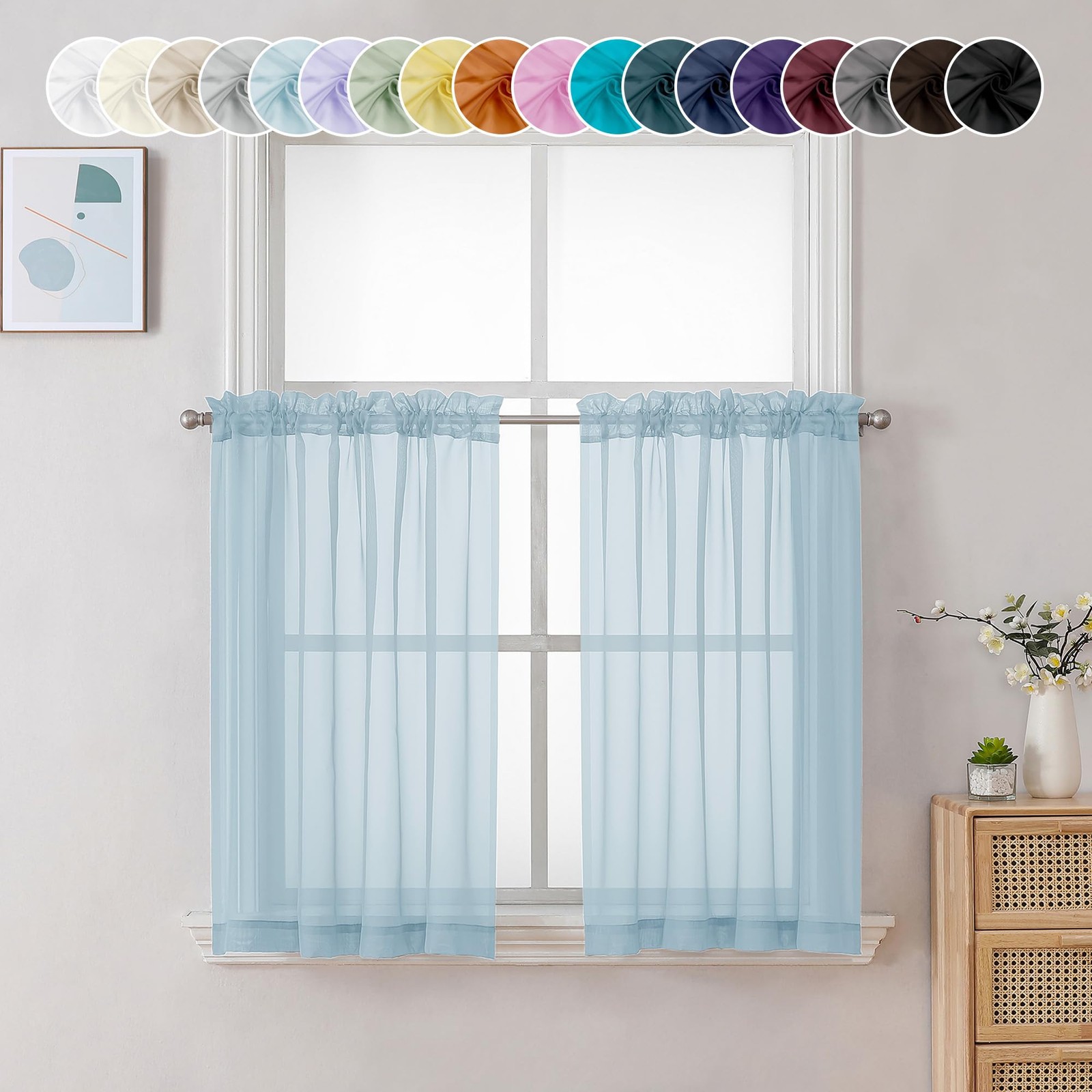 Chyhomenyc Sheer Sky Blue Tier Curtains 24 42″W x 24″L (Pack of 2),