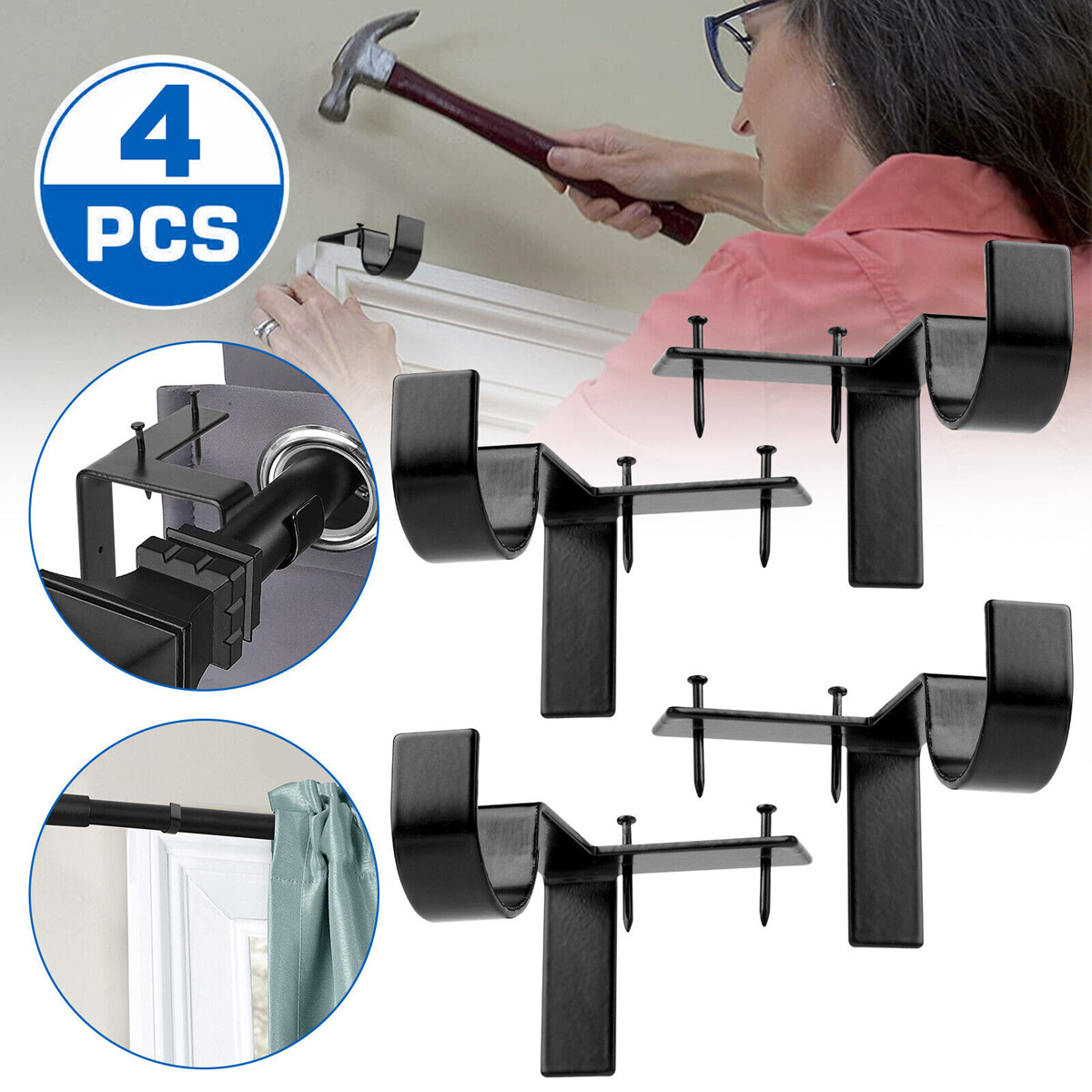 4pcs Bracket Hang Curtain Rod Holders Single Hook Right Into Window Frame Decor
