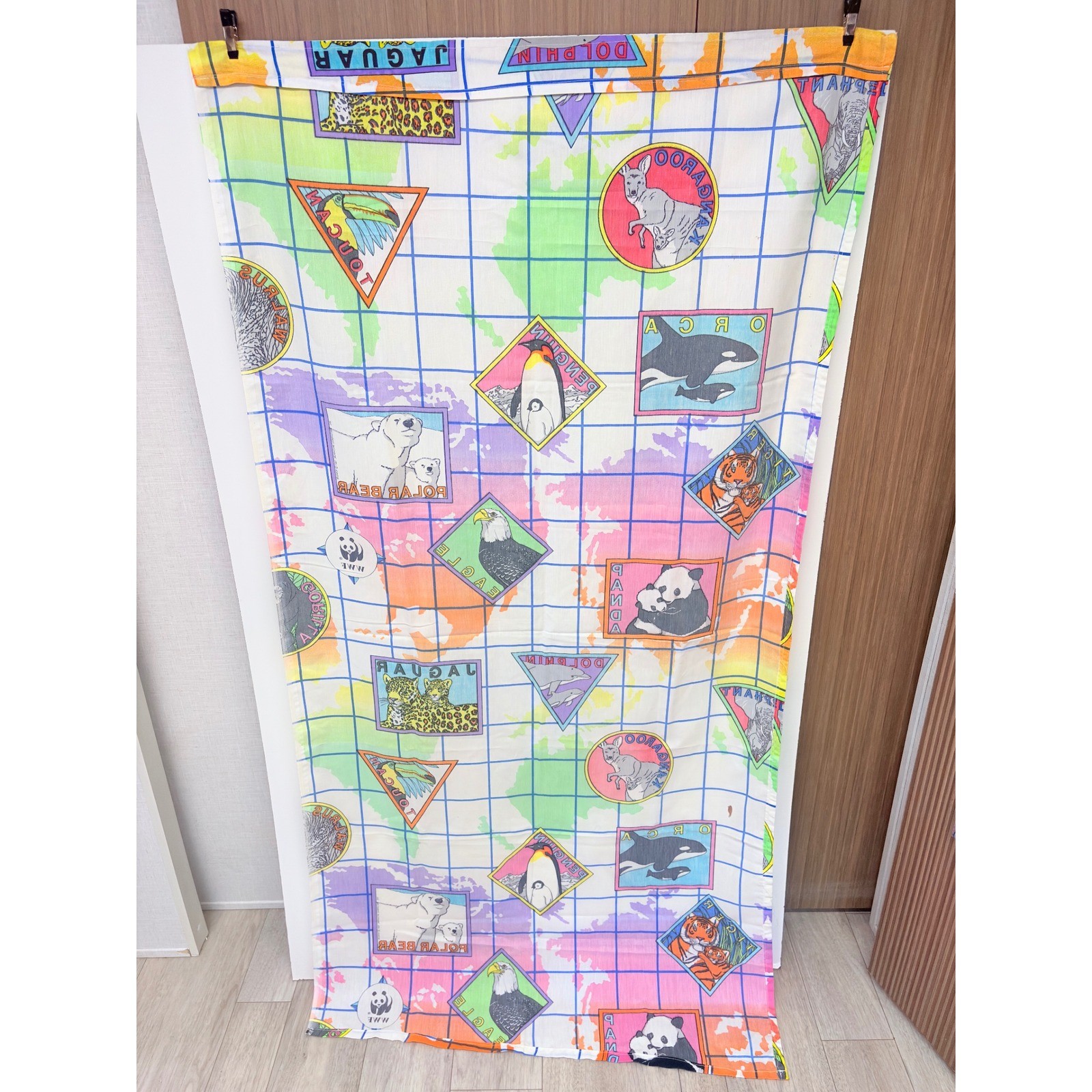 WWF Vintage 90s Rare Animal Map 4 panel Curtain Multi Color Retro Decor Wildlife