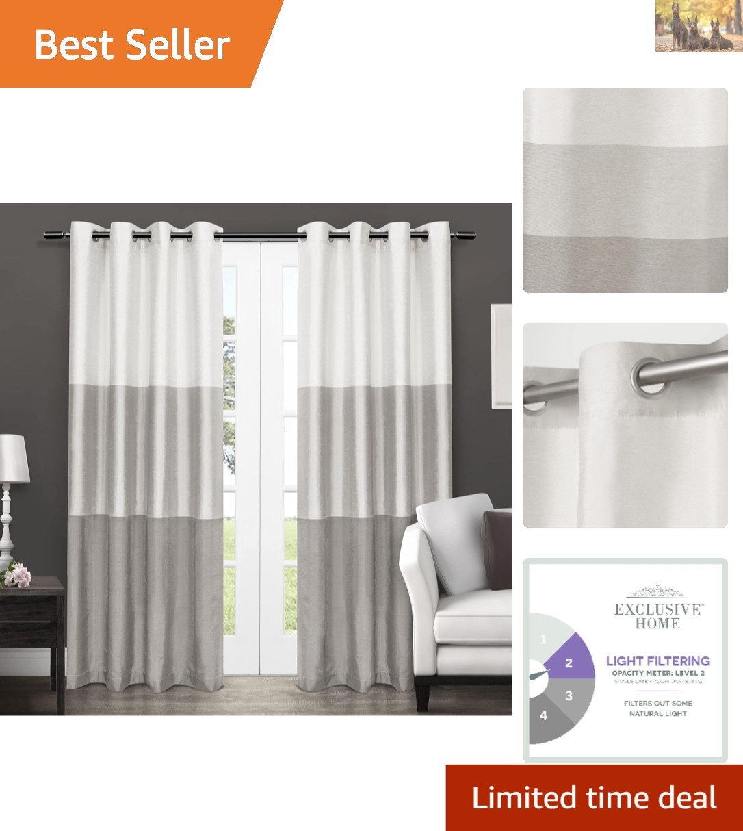 Chateau Striped Grommet Curtain Pair in Dove Grey – Light Filtering Elegance