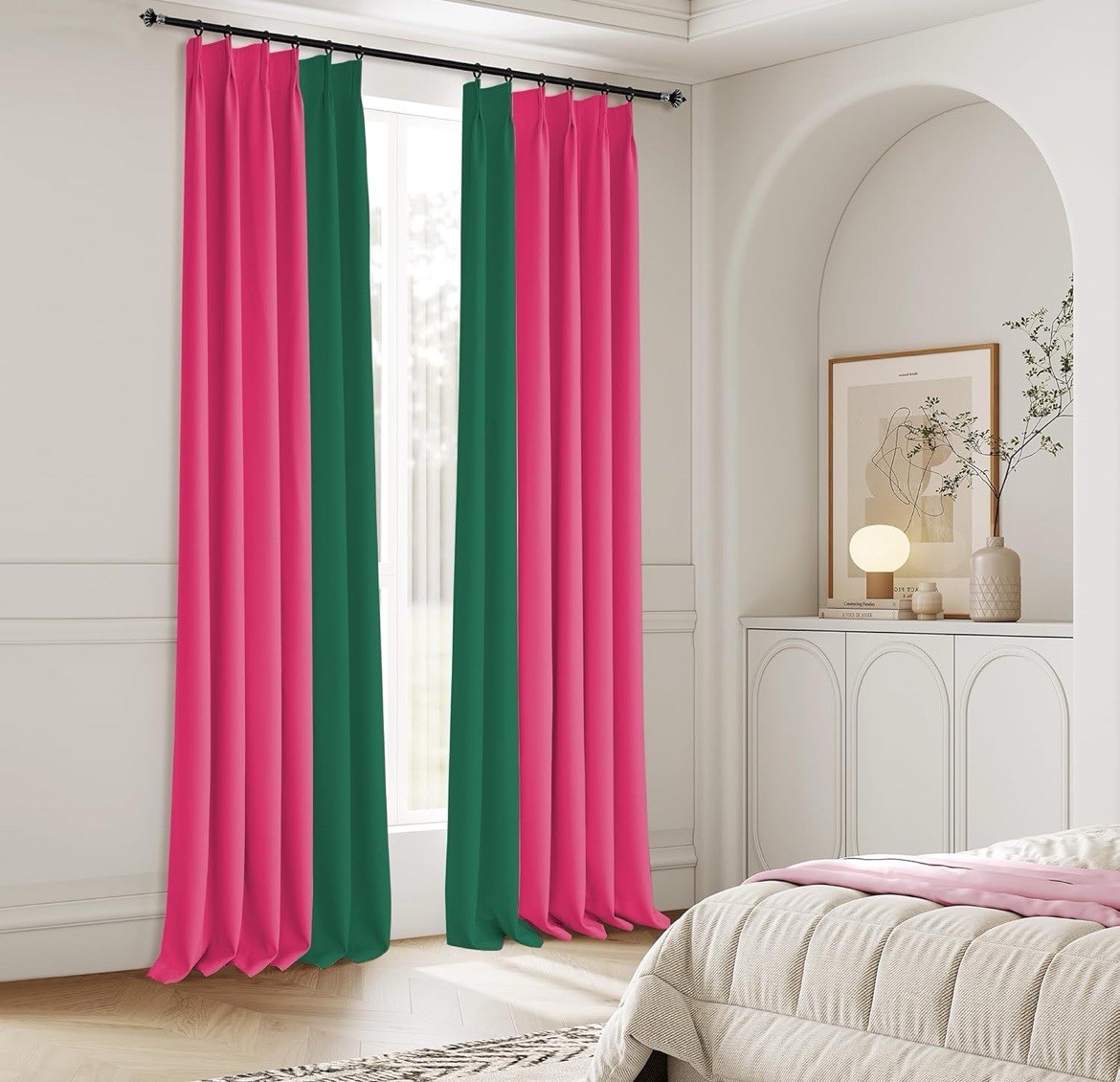 Green And Raspberry Colored Blackout Pinch Pleated Curtains 42 X 96“ NEW