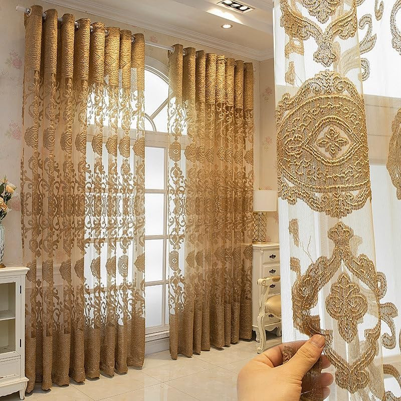 Golden Flower Embroidery Grommet Sheer Curtains 52″Wx96″L 2 Panels | Luxury Gold