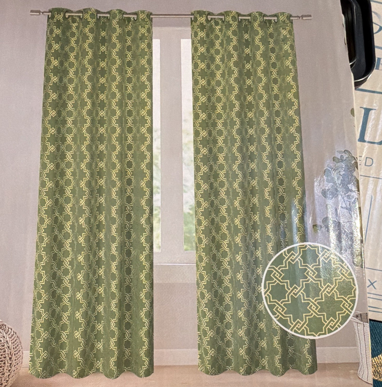 Green Geometric Grommet Curtain Panels 42×84 Polyester Light Filtering Set of 2