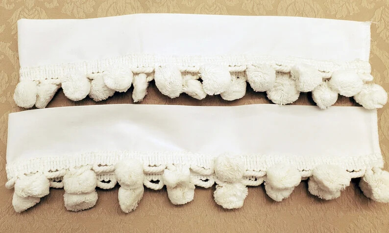 Vintage Classic Ball Fringe Panel Pairs, Tier Pairs, Valances and Tiebacks WHITE