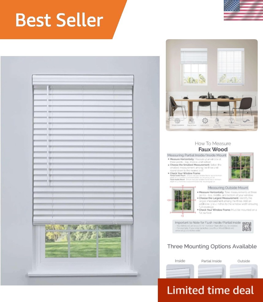 Cordless 2″ Faux Wood Blind White 20 W x 36 H, Flush Inside Mount No Valance …