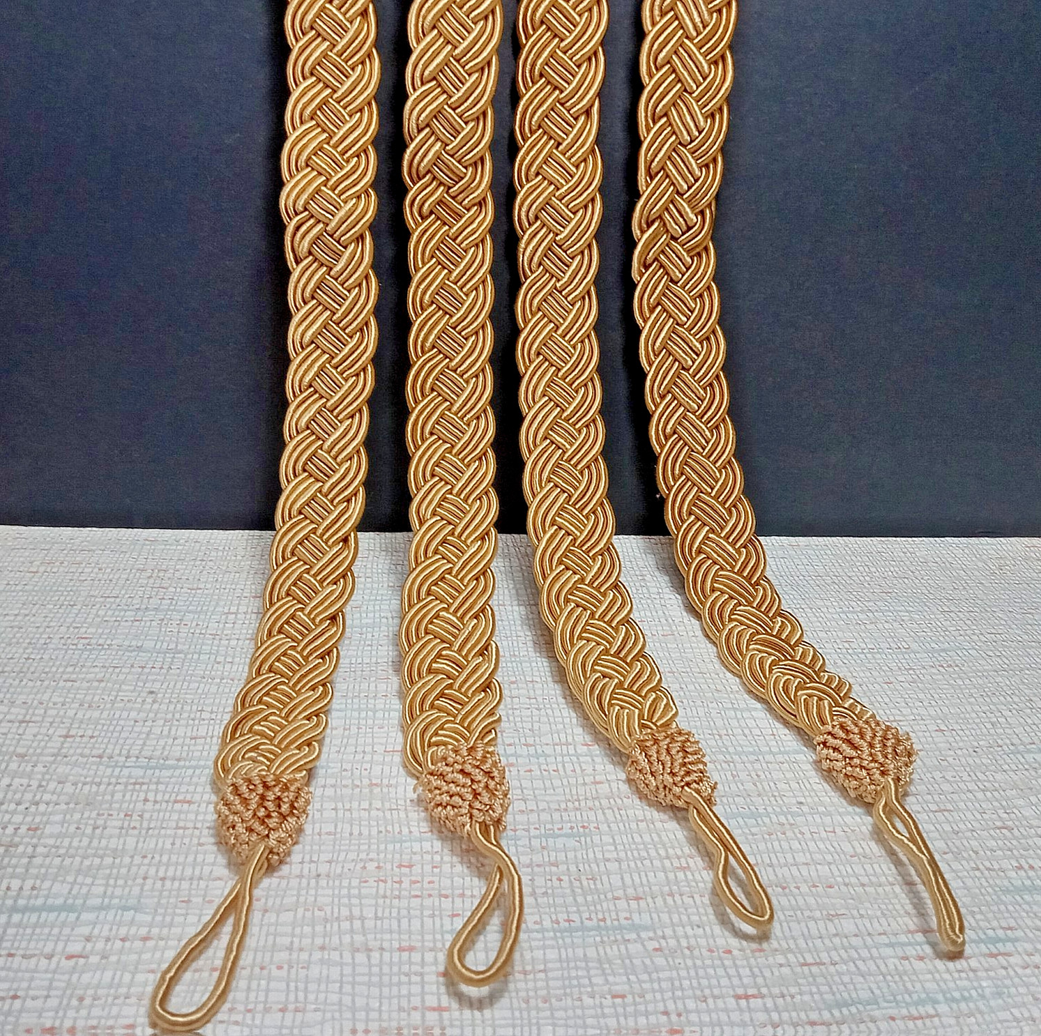 Set 4 Braided Curtain Tie Backs Gold Corded 24.5″ Long each Beautiful