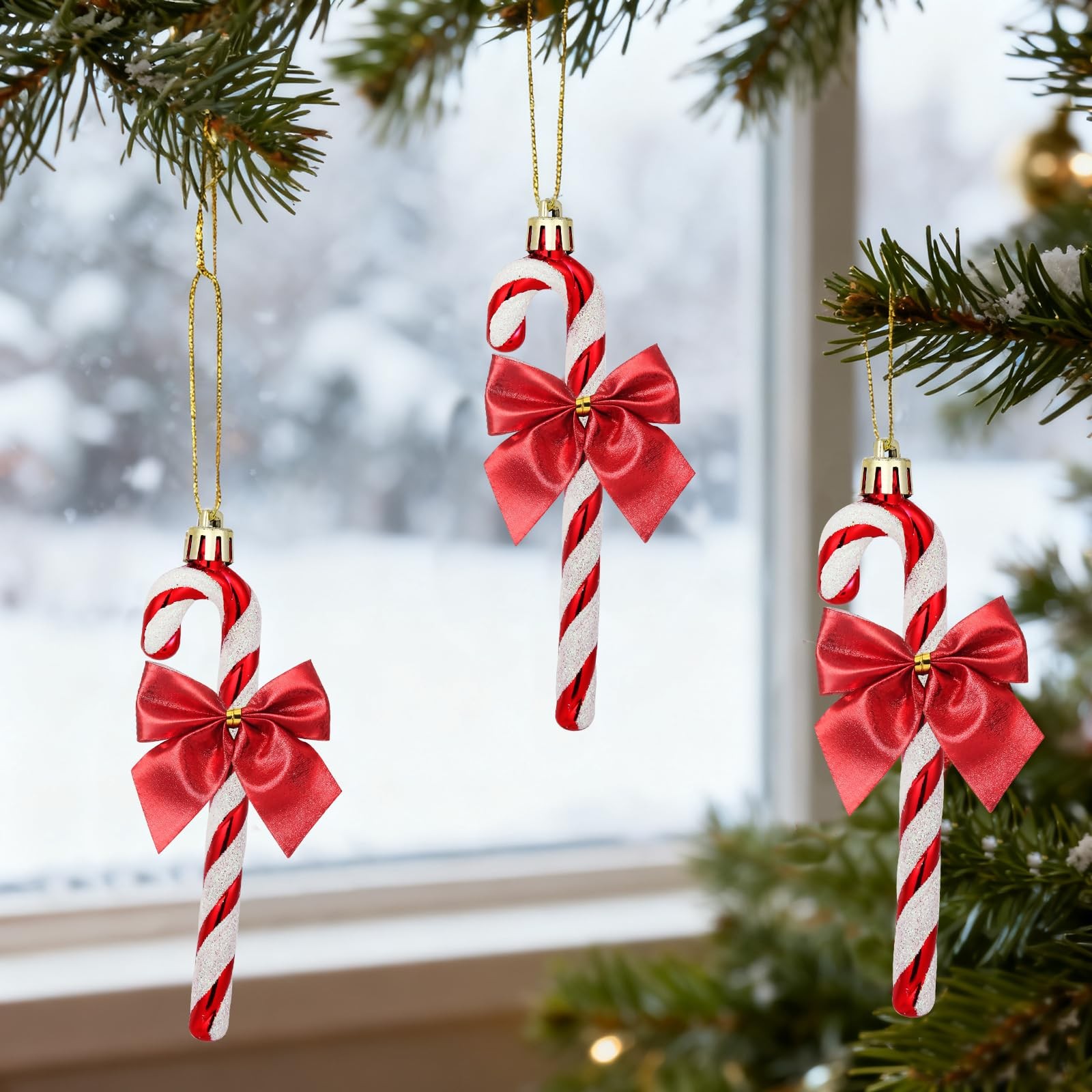 12 PCS Candy Cane Christmas Tree Decorations Ornaments Glitter Bows Red Decor