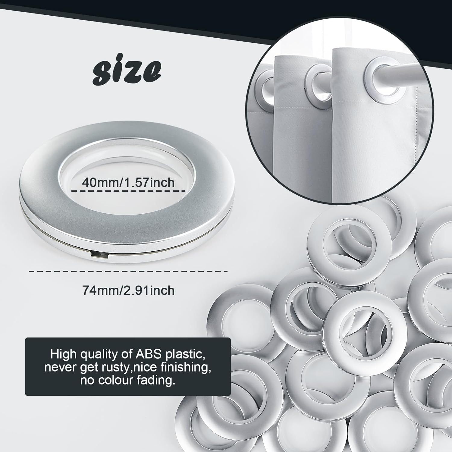 16PCS Curtain Grommets – Round Plastic Eyelet Rings, Inner Diameter 1-9/16 inch,