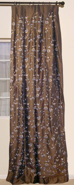 New Silk Emroidered Custom Drapery Each Panel 27″ x 96″ Brown and Blues
