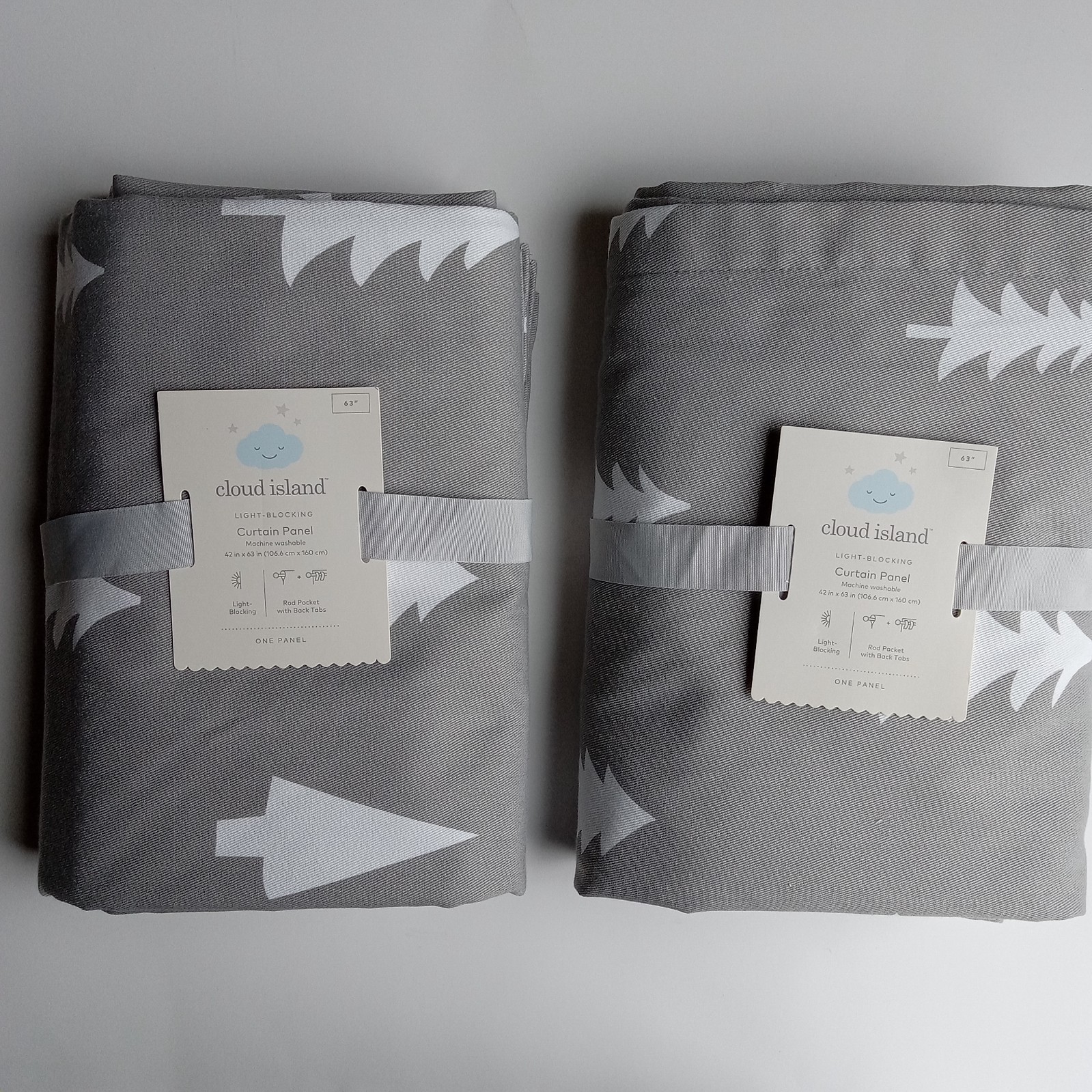Curtains-Blackout- TWO PANELS, Cloud Island, 42”x63” Gray w/Trees FAST SHIPPING!