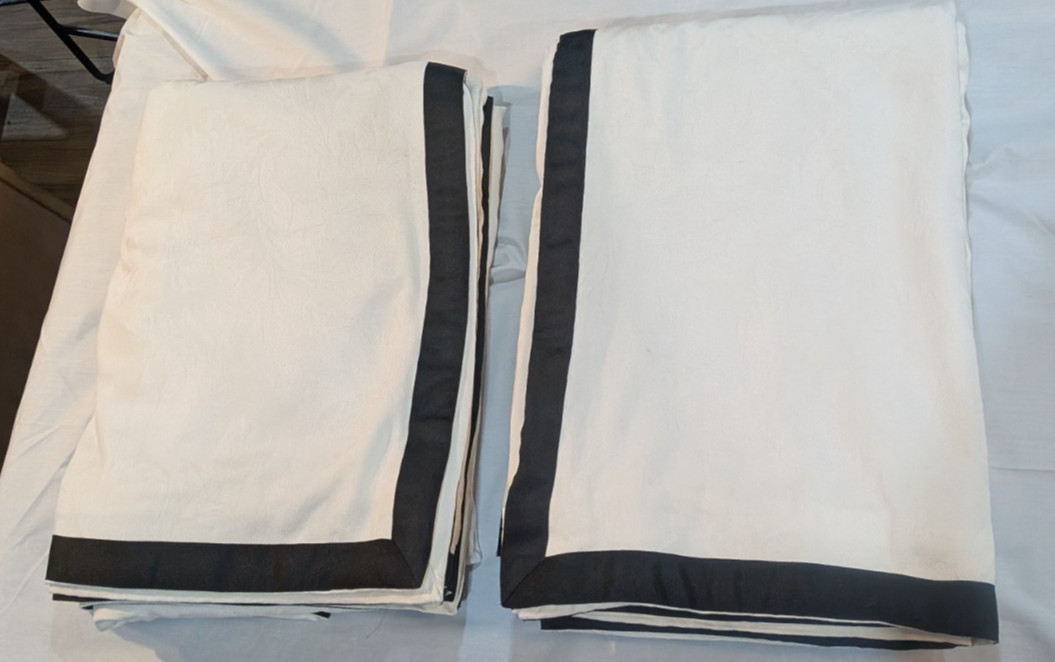 1 pair/2 panels White Jacquard Drapes Black Ribbon Border each panel 109″Wx 81″L