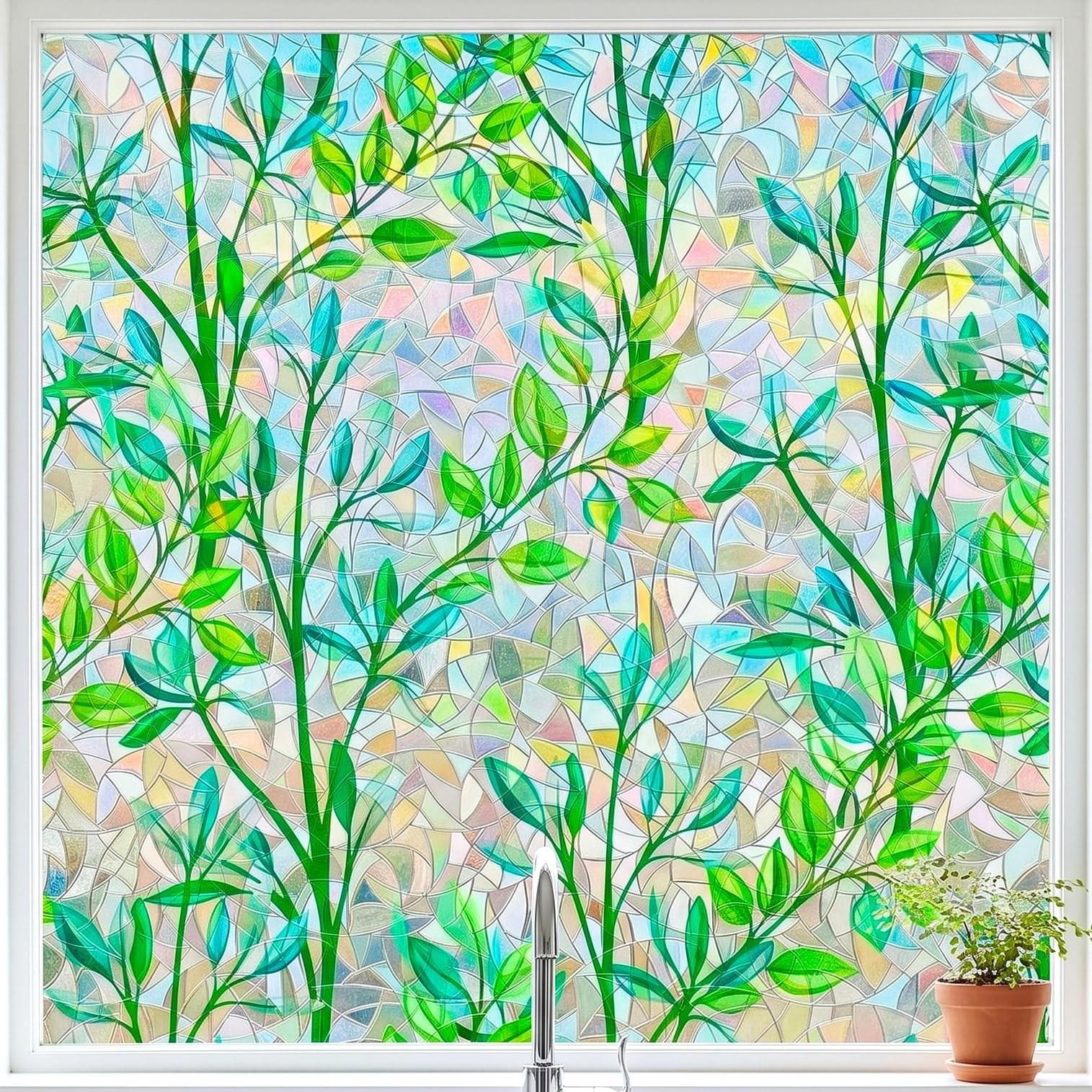 Green Leaves 3D Prism Window Film Privacy Rainbow Static Cling 17.5×78.7in