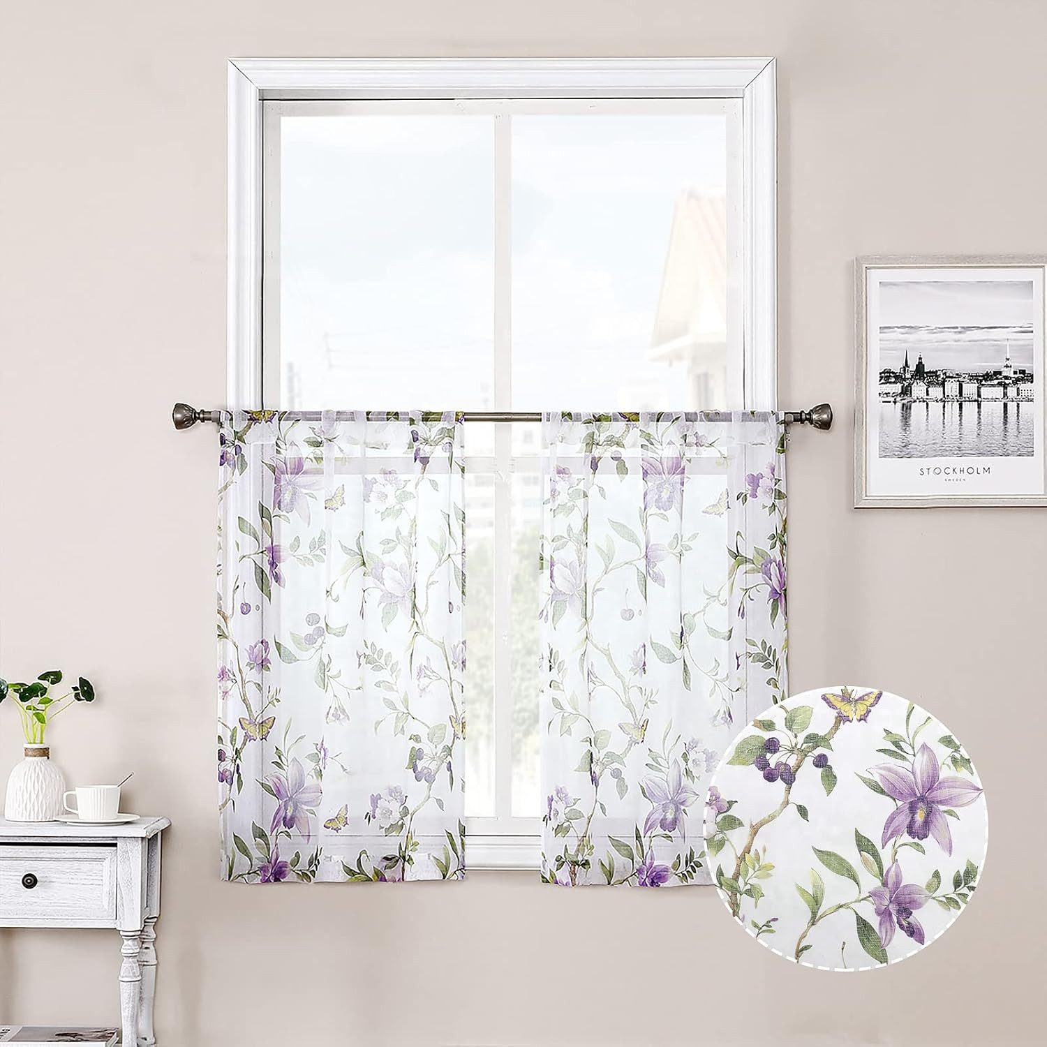 Floral Short Sheer Tier Curtains Purple Cherry Flower Butterfly Print Half Curta