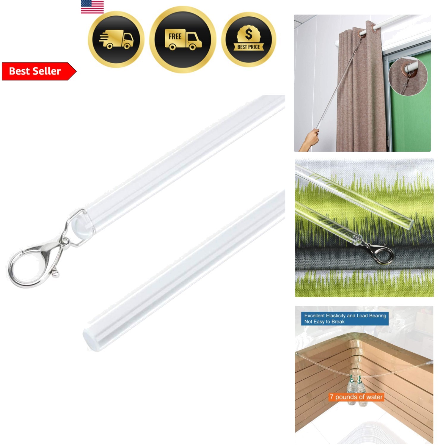 Curtain Pull Rod Set 2 Pack Acrylic Invisible Wardrobe Drapery Grommet Curtain