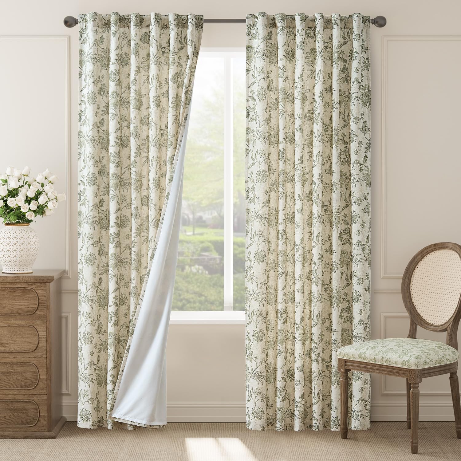 84″ Floral Linen Blackout Curtains Living Room Lined Farmhouse Room Darken Green