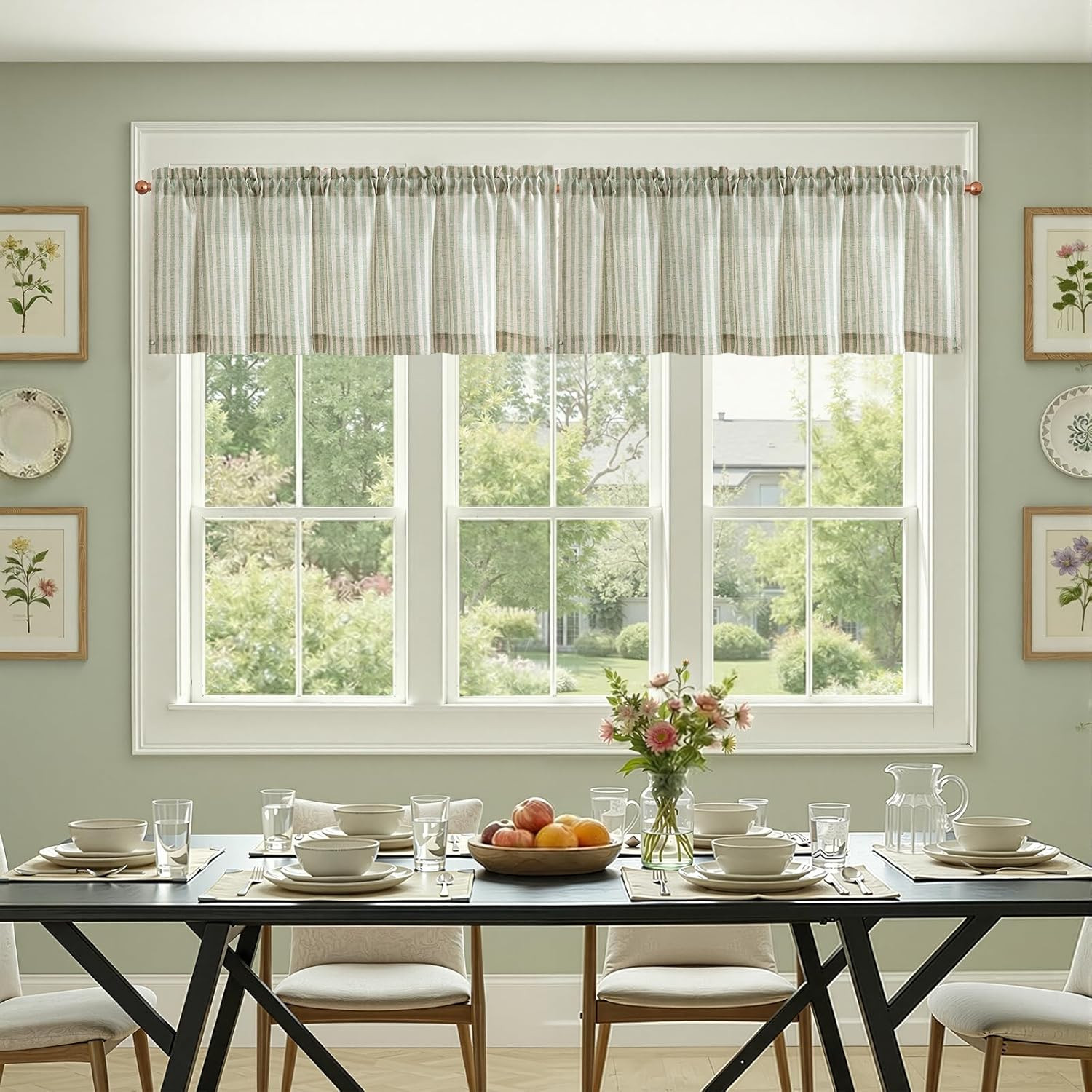 Linen Boxter Stripe Valances for Window 16 Inch,Sage Green,1 Panel | Light Filte