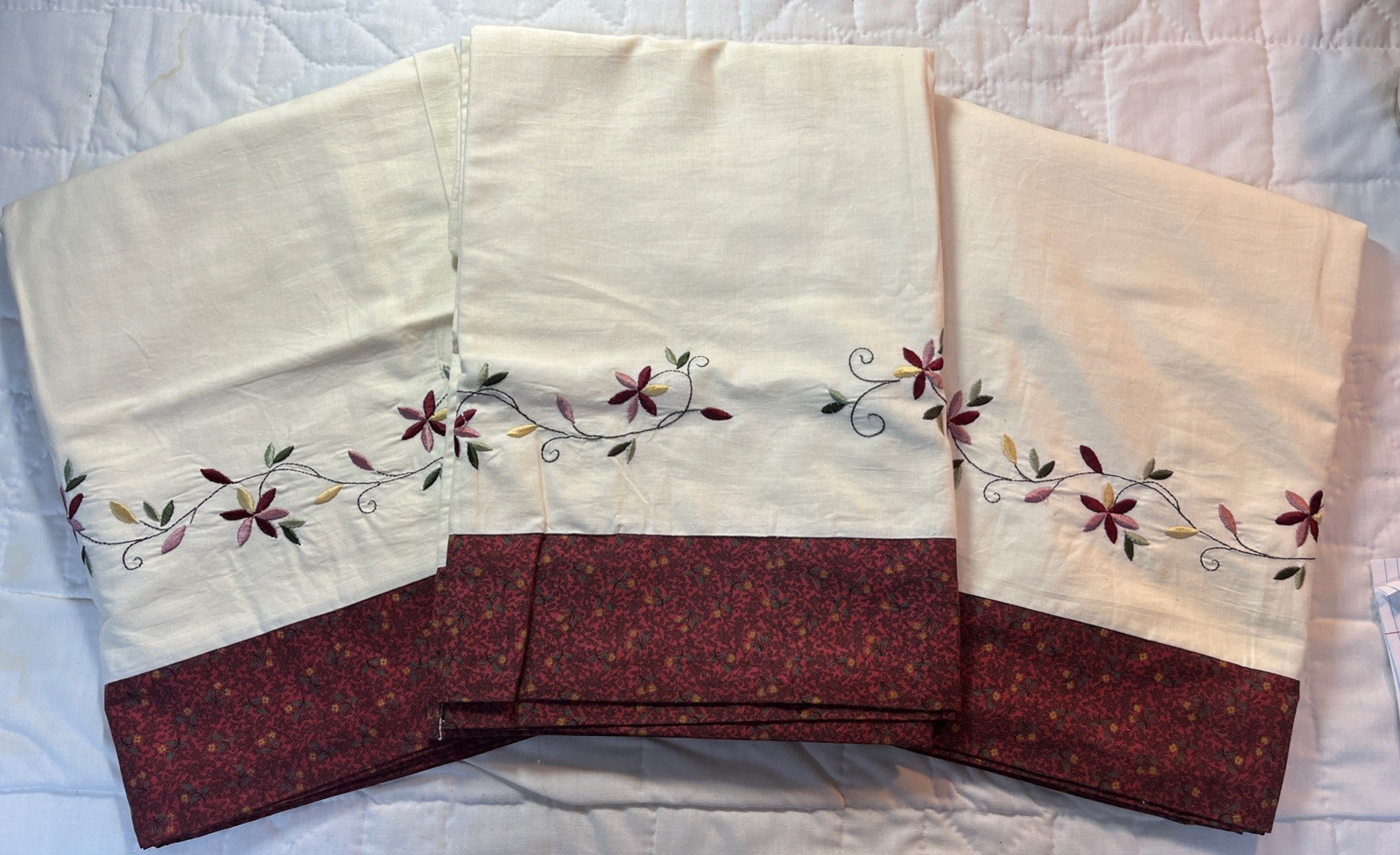 Cotton Window Valance Off White w/ Maroon Floral design 82” X 20.5” Lot of (3)