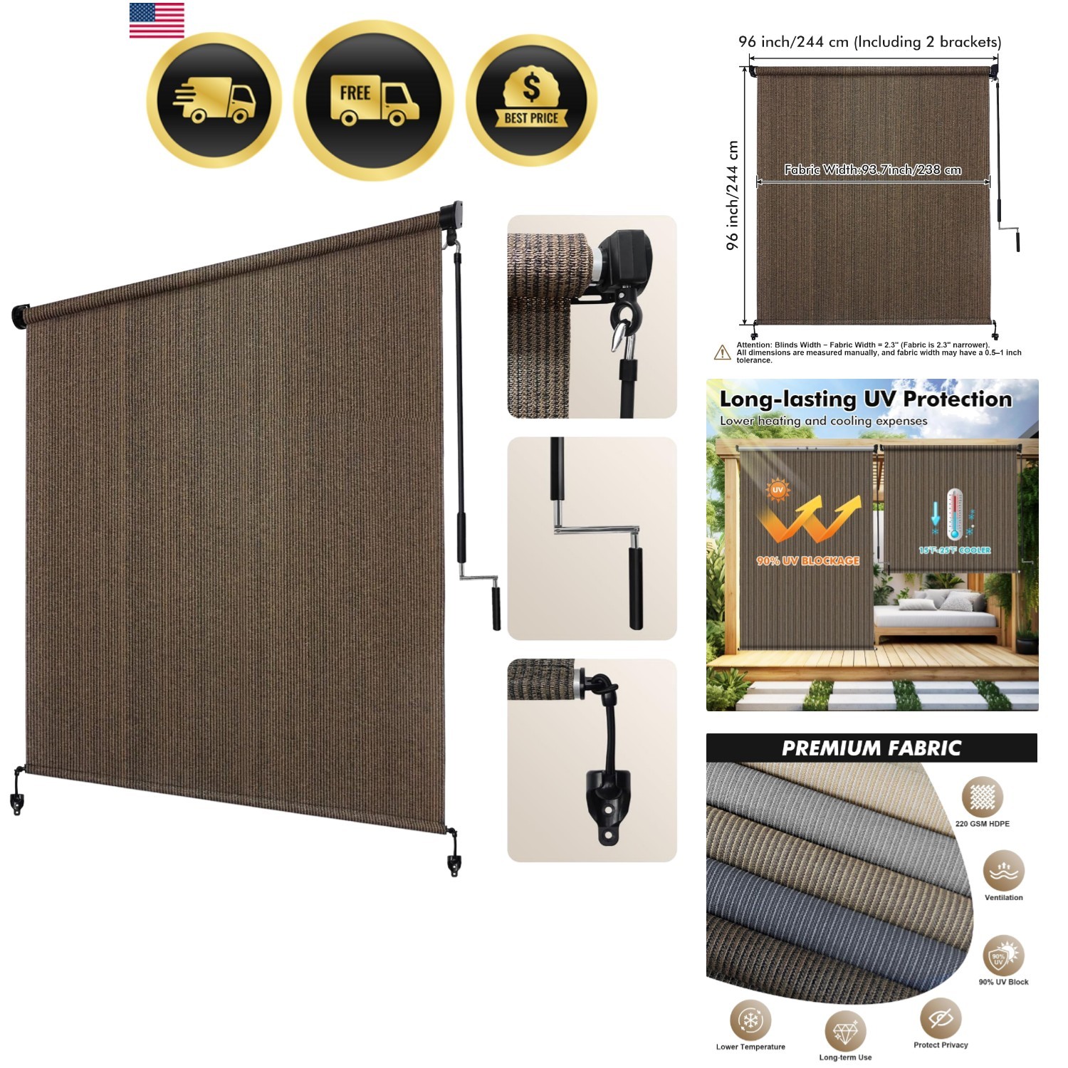 Outdoor Roller Shade 8′ W x 8′ H, Mocha Exterior Cordless Patio Shades Roll U…