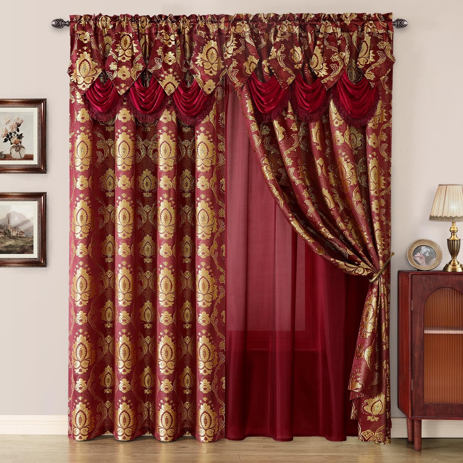 Burgundy Paisley Jacquard Curtains Victorian Luxury Window Curtains 2 Panels Set