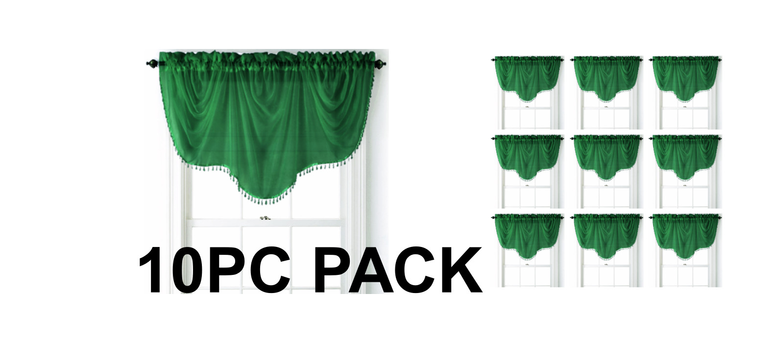 10pc PACK WINDOW SHEER WATERFALL VALANCE W/BEAD TRIM BONITA 55″ WIDE X 30″ LONG