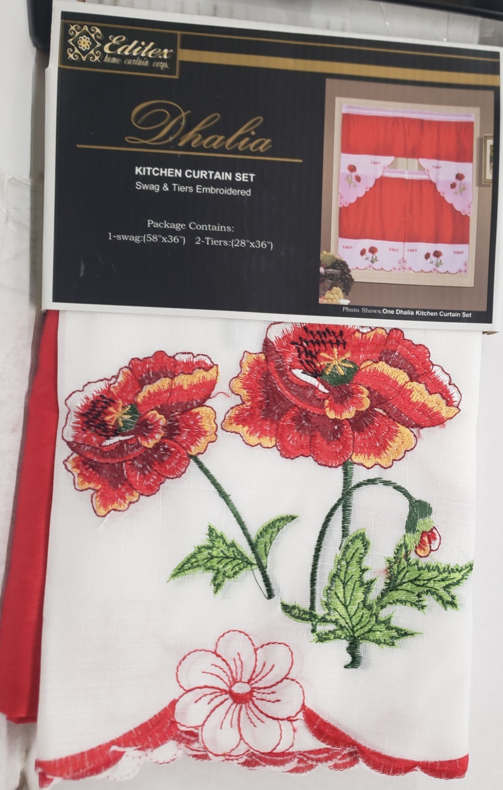 3pc. Embroidery Curtains Set: 2 Tiers & Swag(58″x36″) RED FLOWERS,DHALIA, Editex